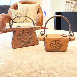 Vintage Rustic Hand-carved Wood & Metal Decorative Farmhouse Set